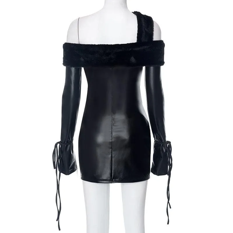 BerriesJam - Sleeve Off Shoulder Pu Leather Furry Solid Mini Dress