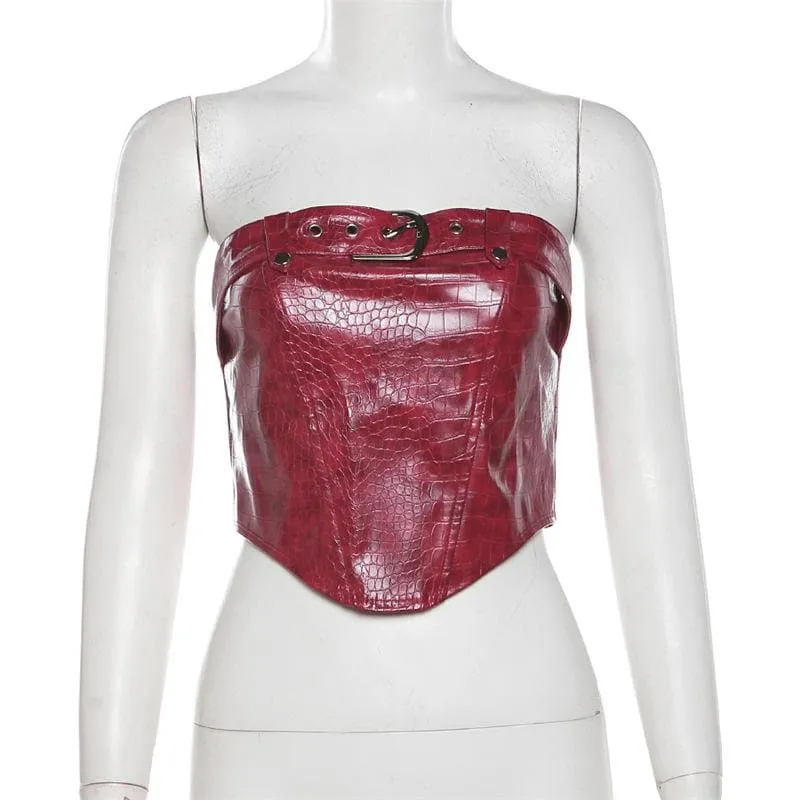 PU leather buckle backless zip-up crop tube top